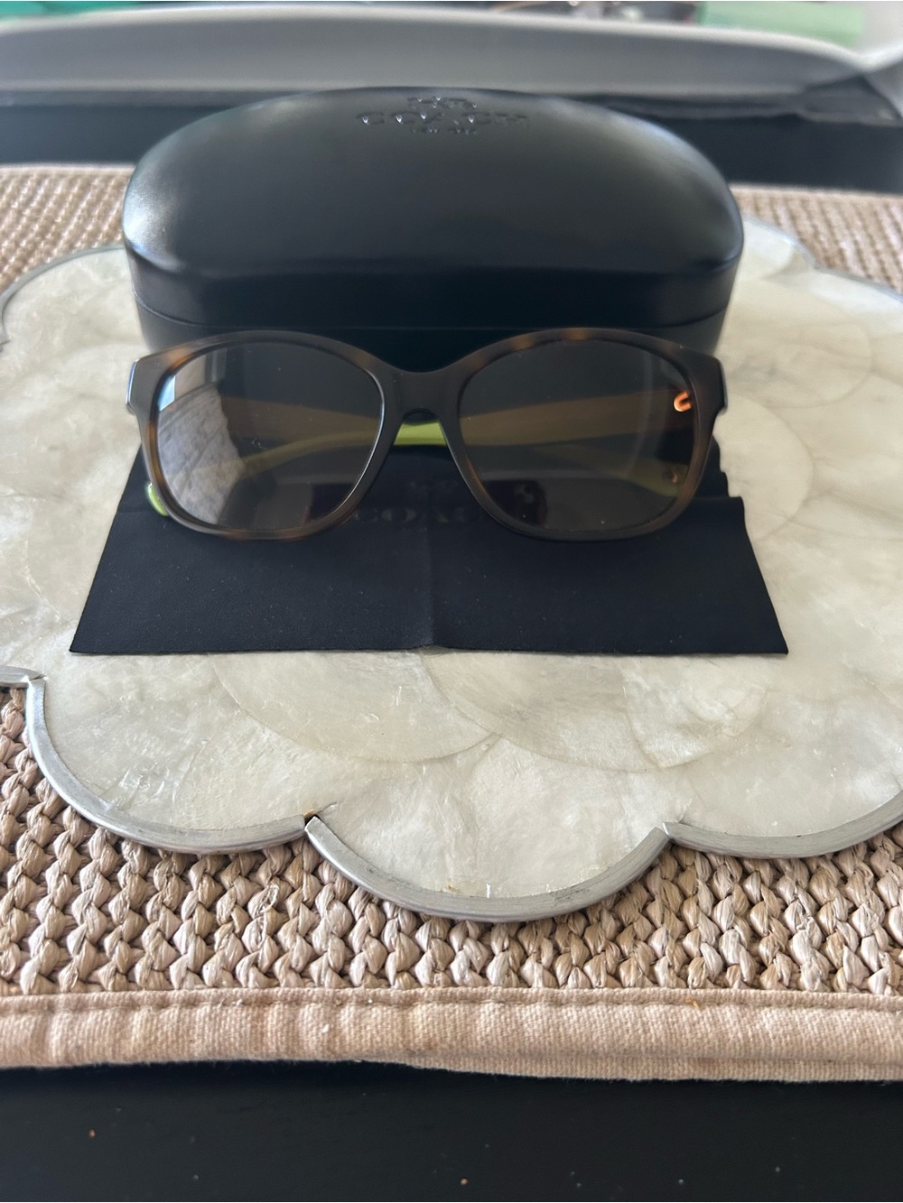 Coach Brown Tortoise Sunglasses with Lime Green and Gold Accents!
